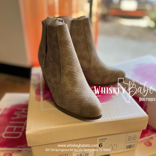 Not Rated Tarim Booties in Taupe Whiskey Babe Tx LLC